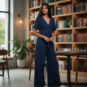 Le Lis Navy Blue Short Sleeve Open Back Jumpsuit Belted Waist Women's Size M